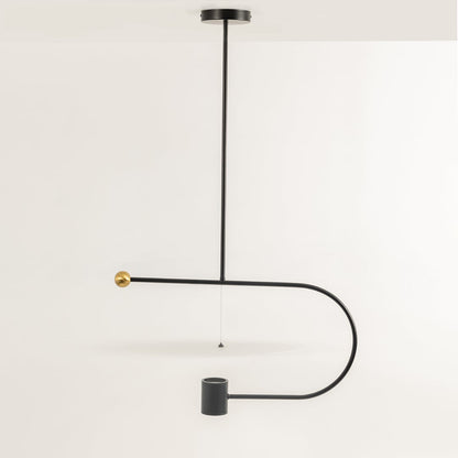 Black metal pendant linear light with sculptural curved frame shown switched off on a clean white background highlighting its modern minimalist silhouette for interior decor.