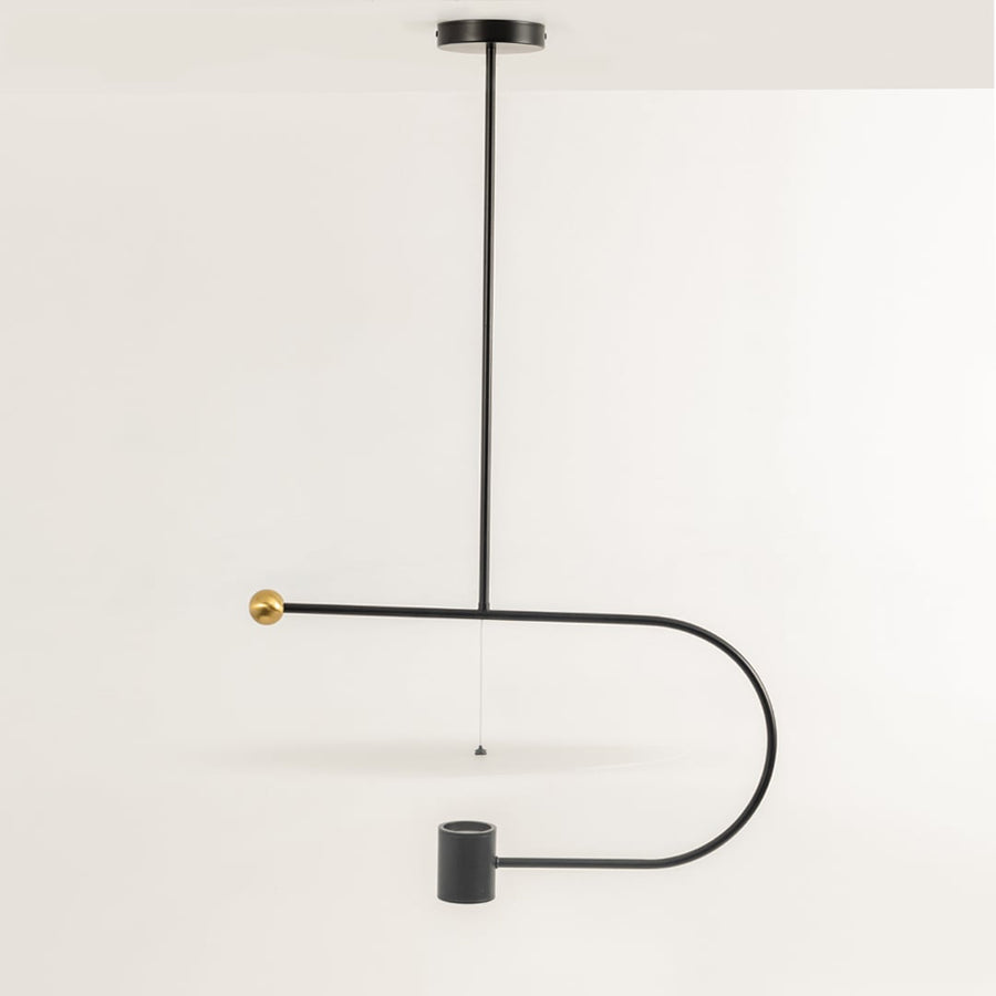 Black metal pendant linear light with sculptural curved frame shown switched off on a clean white background highlighting its modern minimalist silhouette for interior decor.
