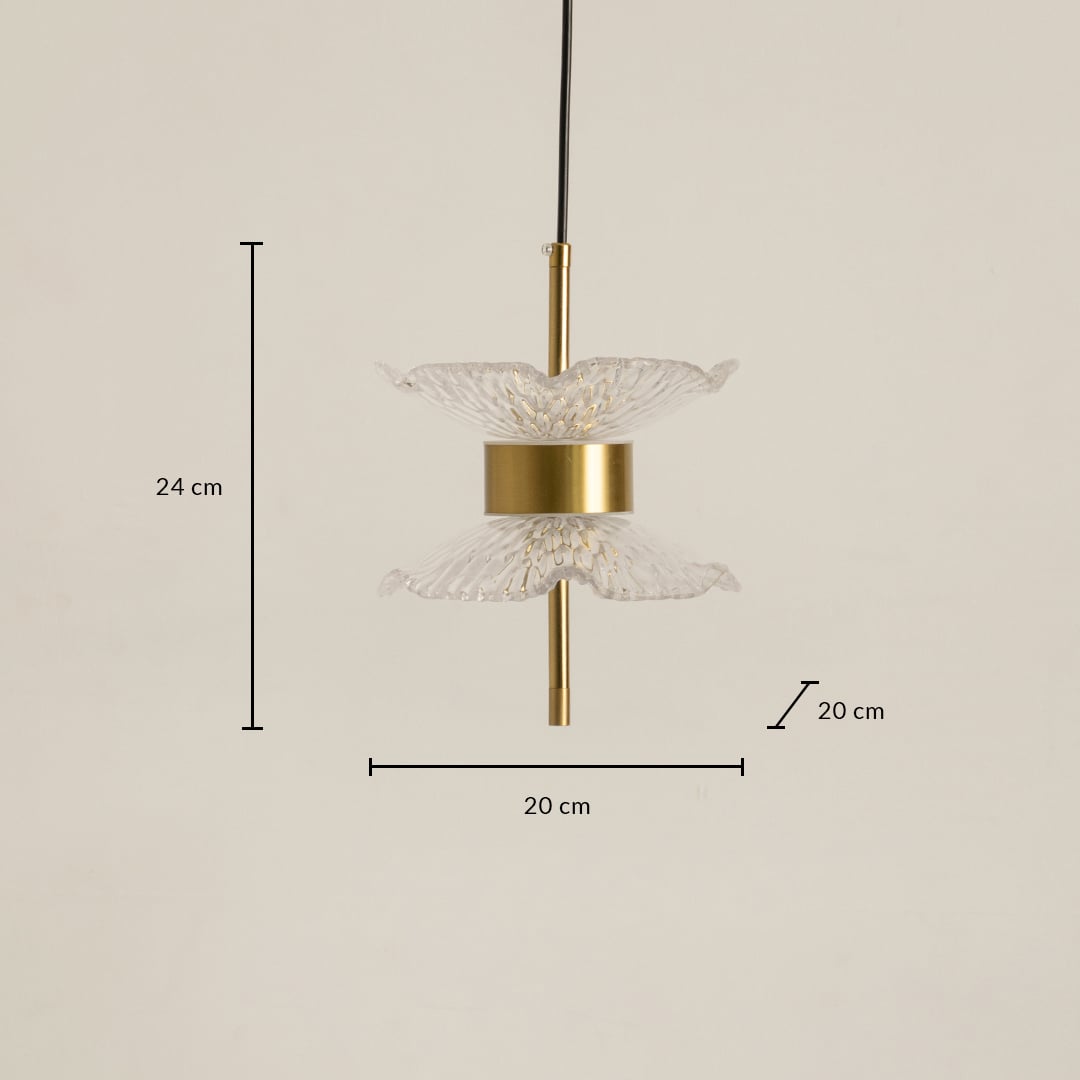 Gold pendant light with textured glass shades shown with 20 cm width and 24 cm height for modern ceiling lighting.