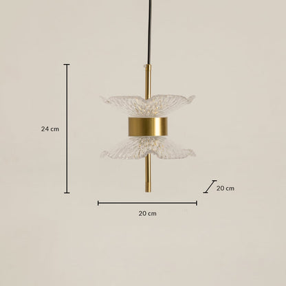 Gold pendant light with textured glass shades shown with 20 cm width and 24 cm height for modern ceiling lighting.