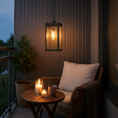Brown rectangular hanging outdoor lantern light adding a touch of modern elegance to exterior spaces.