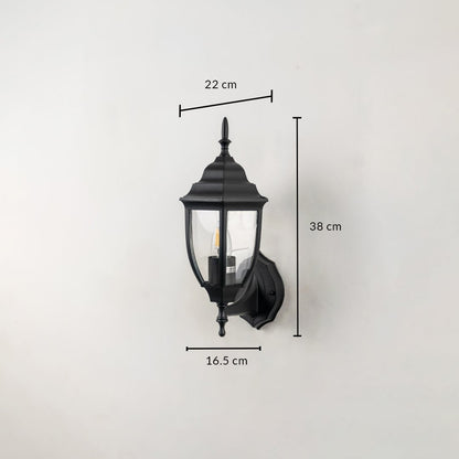 Black metal outdoor wall light dimension image with 30 cm height and clear glass shade for patio decor.