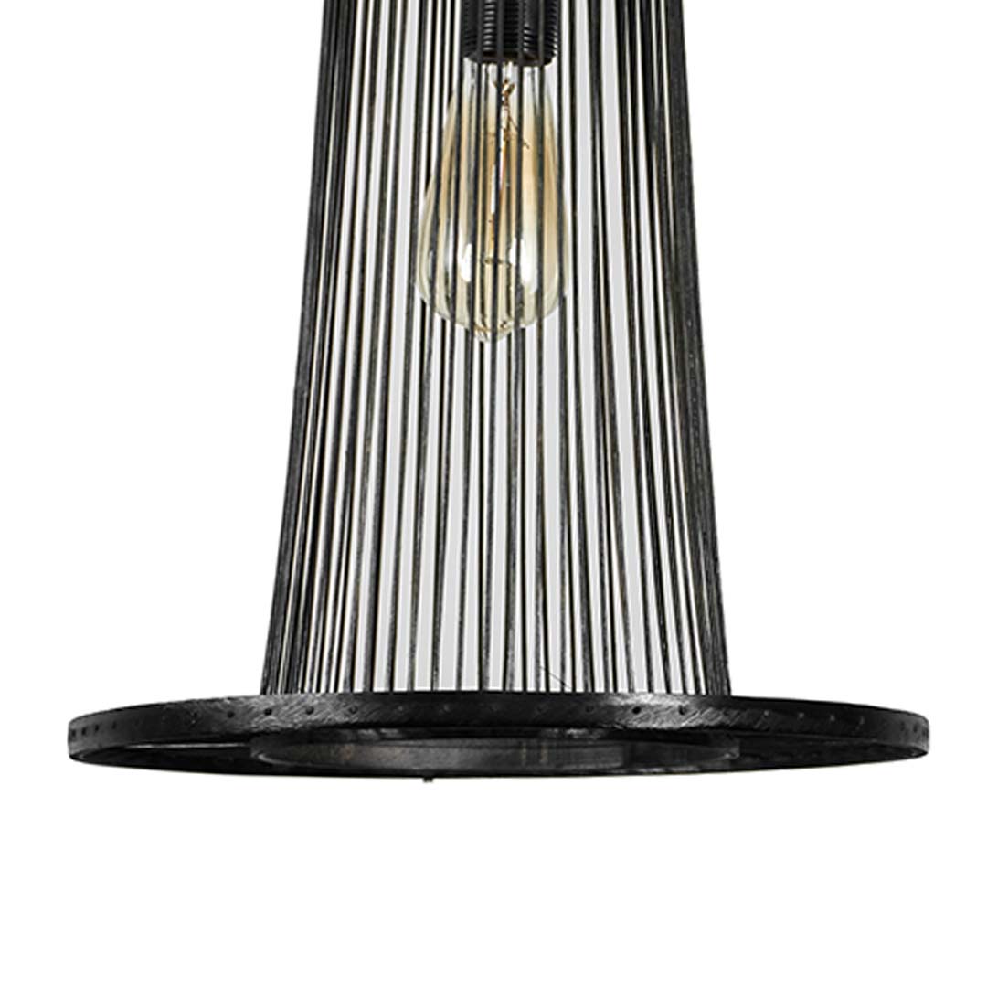 Closeup of black wire pendant light highlighting fine metal detailing and exposed bulb for an elegant industrial look.