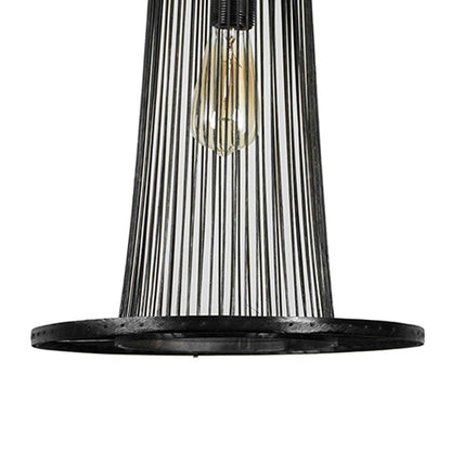 Closeup of black wire pendant light highlighting fine metal detailing and exposed bulb for an elegant industrial look.