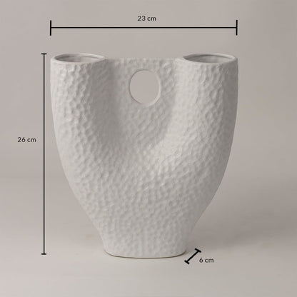 White textured ceramic vase measuring 26 cm height and 23 cm width shown on white background with handcrafted finish.