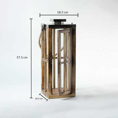 Wooden lantern with labeled measurements 18.5 cm by 18.5 cm by 57.5 cm displayed on white backdrop highlighting the size and design proportions for accurate visualization before purchase.