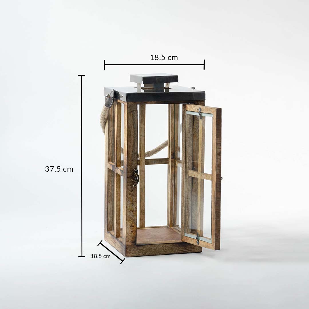 Rustic wooden lantern dimension image with 23.5 cm height and 18.5 cm width for tabletop decor use.