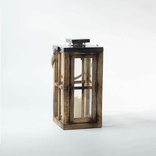 Rustic wooden lantern with clear glass panels and black metal top for farmhouse tabletop decor styling.