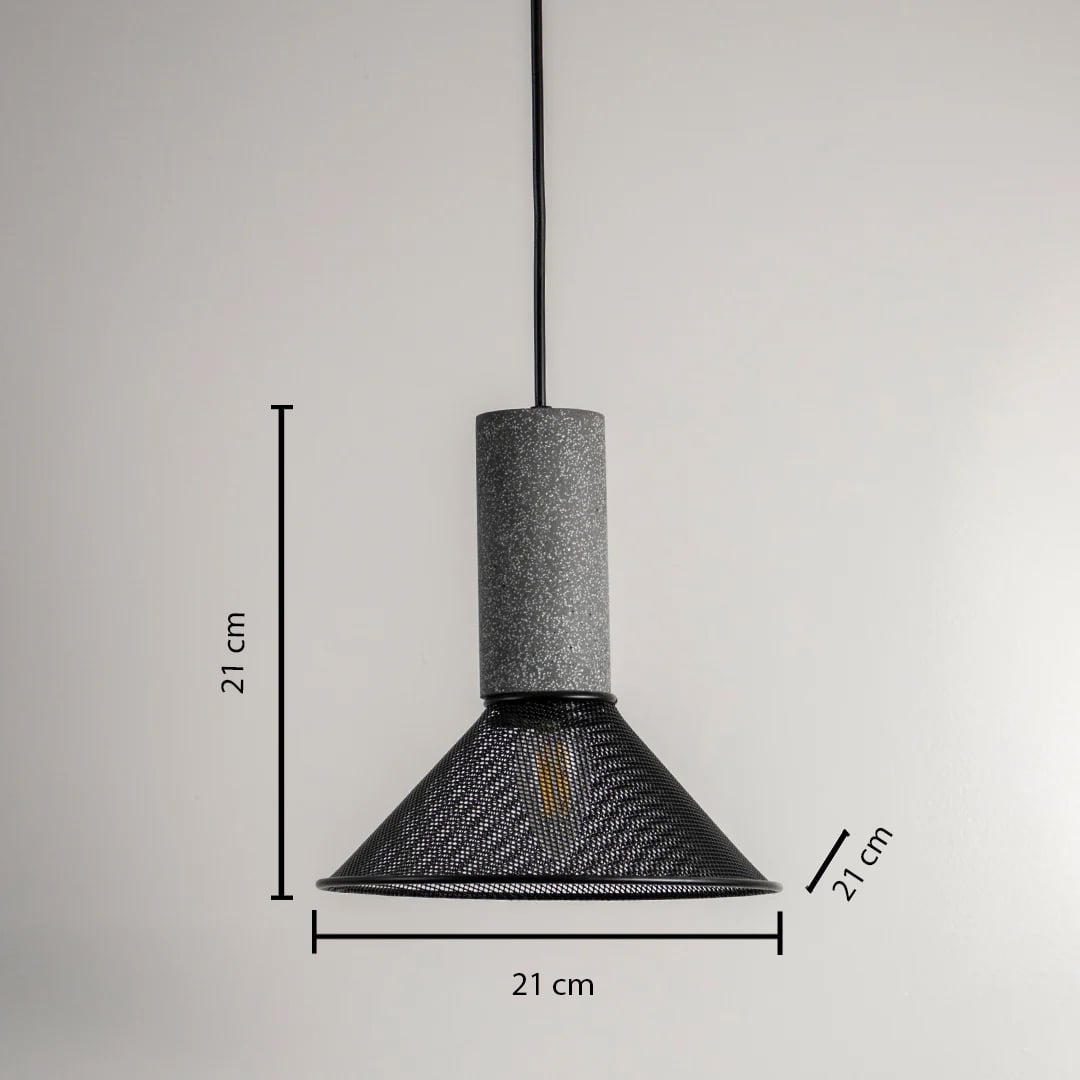 Dimension image of grey concrete and black mesh cone pendant light showing 21 cm height and 21 cm width.