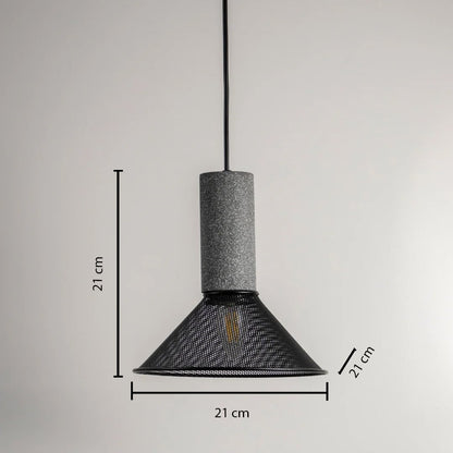 Dimension image of grey concrete and black mesh cone pendant light showing 21 cm height and 21 cm width.
