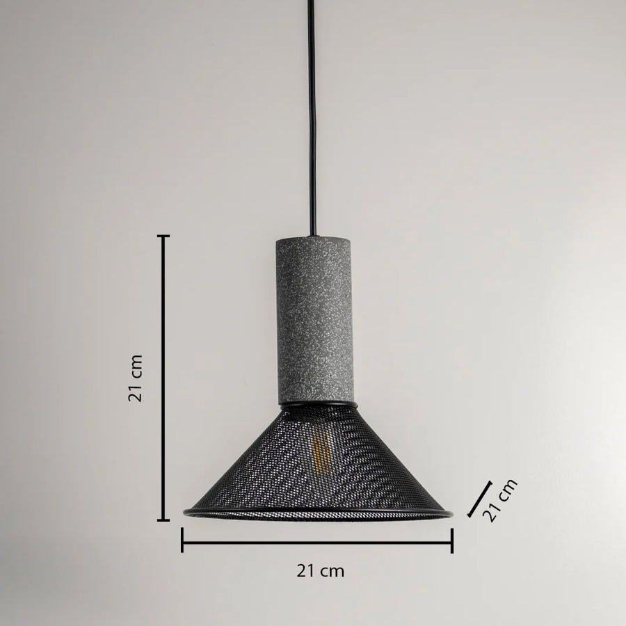 Dimension image of grey concrete and black mesh cone pendant light showing 21 cm height and 21 cm width.