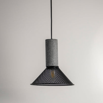 Black metal pendant light with smoky textured glass shade designed for dining and living spaces.