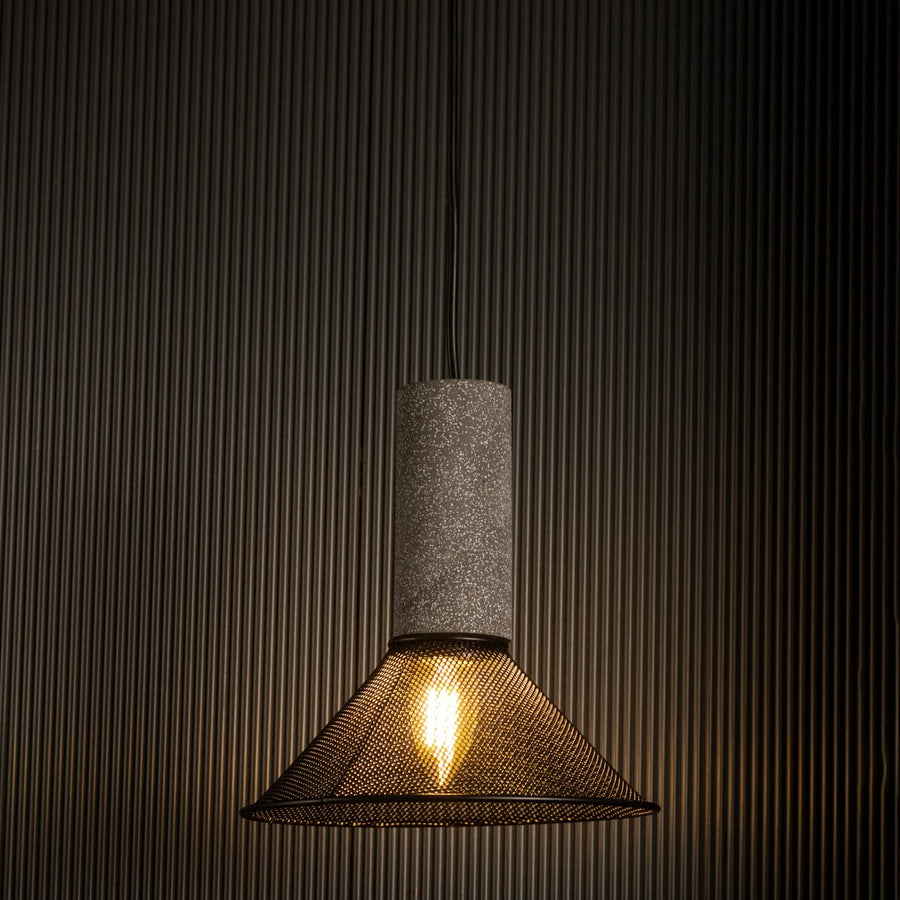 Arlo Cone Mesh pendant light on white background showing conical perforated metal shade and sleek grey cylindrical top.