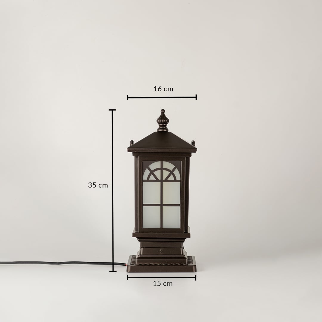 Black traditional post lantern Dimensions Image 34 cm height 17 cm top width 15 cm base width perfect for outdoor pillar mounting.