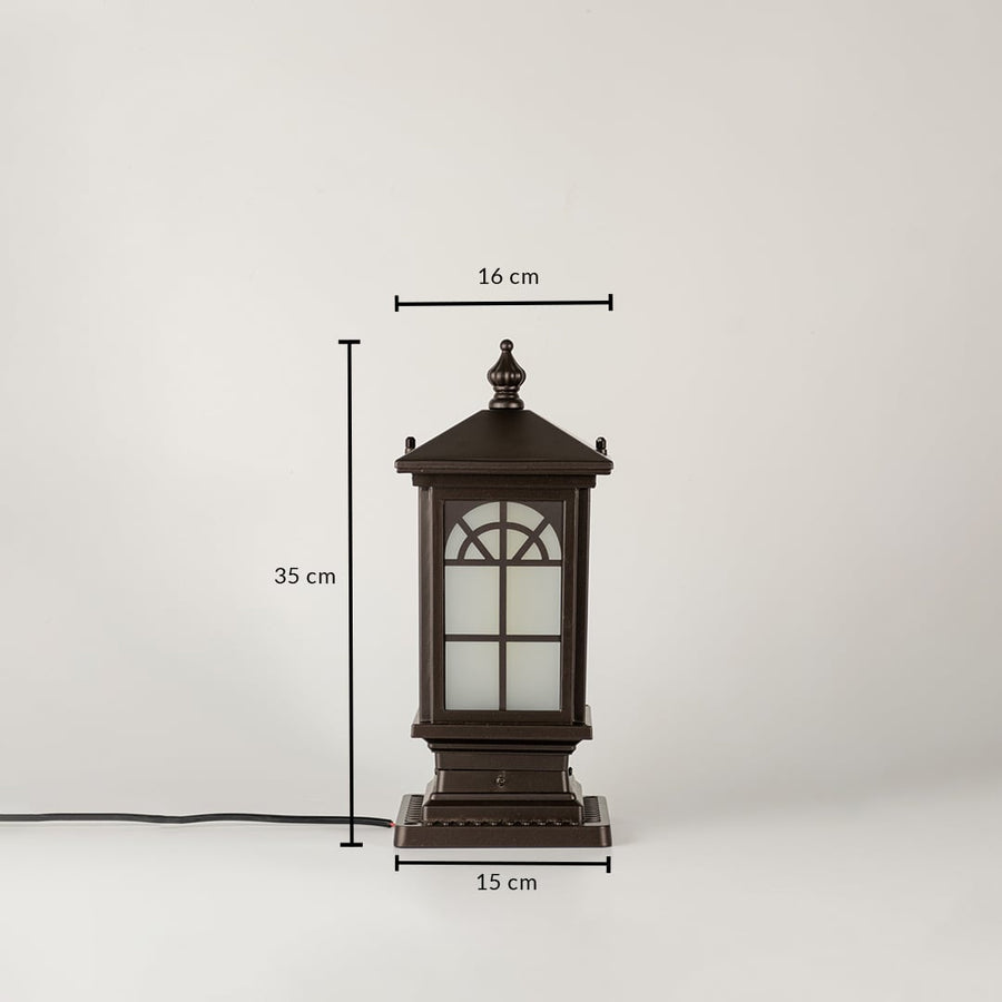 Black traditional post lantern Dimensions Image 34 cm height 17 cm top width 15 cm base width perfect for outdoor pillar mounting.