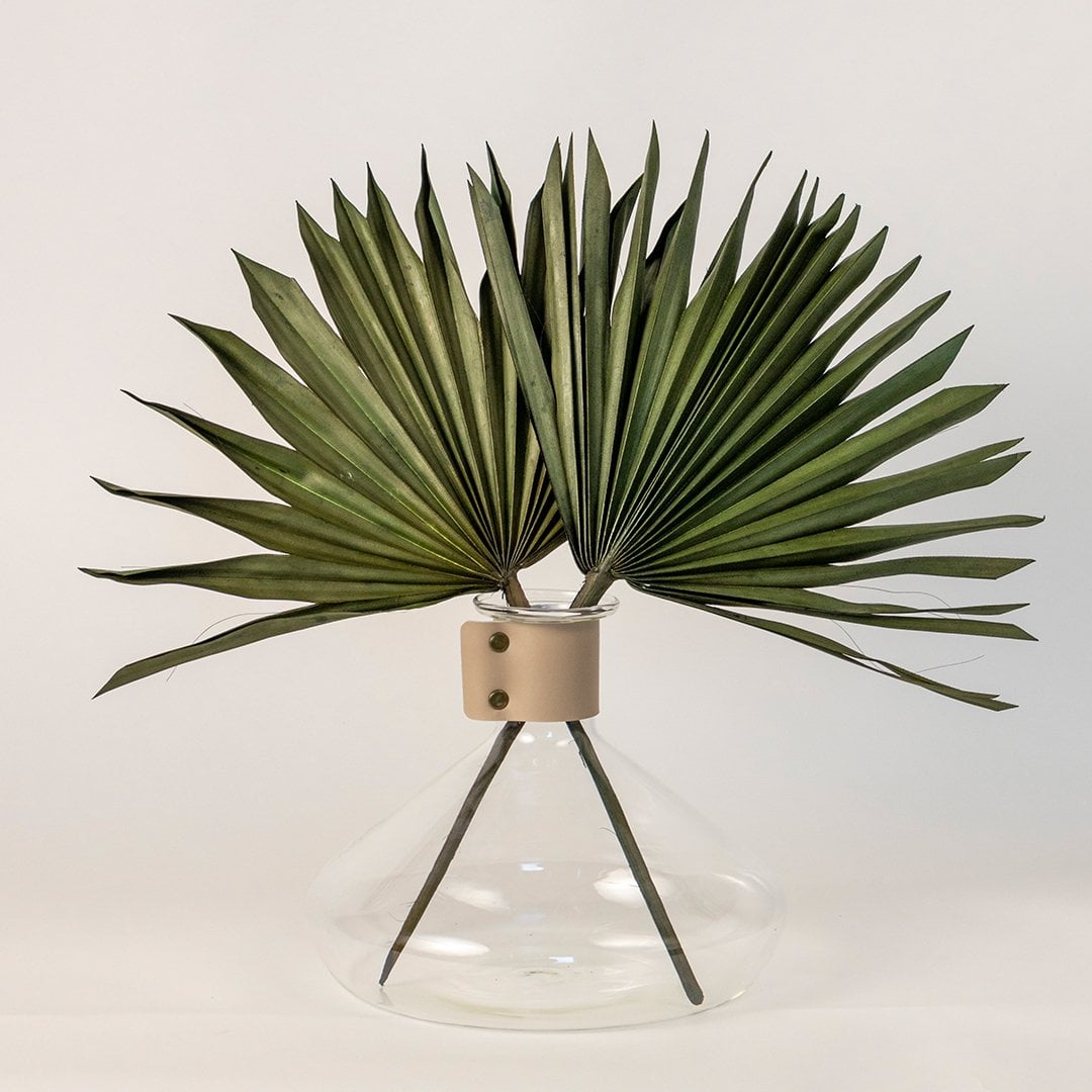 Hand holding dried palm leaves against soft background showcasing natural home decor styling with earthy botanical texture.