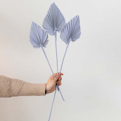 Hand holding a trio of pastel lavender dried palm spear leaves for creative modern bedroom tabletop decor on white backdrop.