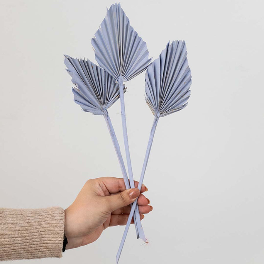Hand holding three pastel lavender dried palm spear leaves for creative modern bedroom tabletop vase decor on white backdrop.