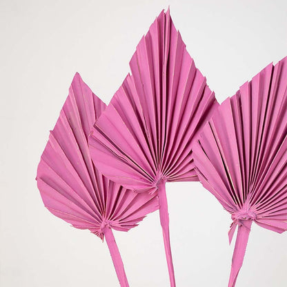 Closeup of multiple pink palm leaf stems showcasing layered fan shapes and vibrant finish for contemporary home decor styling.