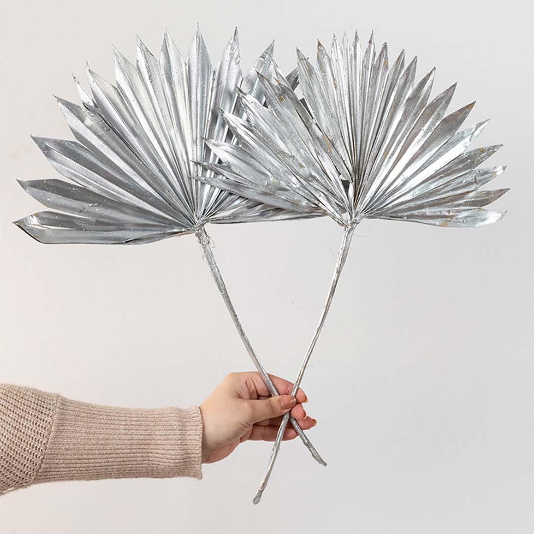 Hand holding two metallic silver painted dried palm sun fan leaves for festive luxury tabletop vase decor on white backdrop.