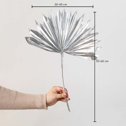 Silver dried palm leaf shown with size dimensions 50 to 60 cm height and 30 to 40 cm width for vase decoration.