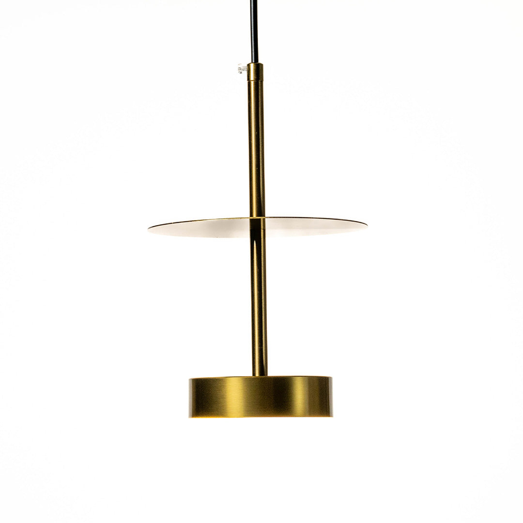 Minimalist gold metal pendant light with flat disc shade crafted for contemporary interiors.