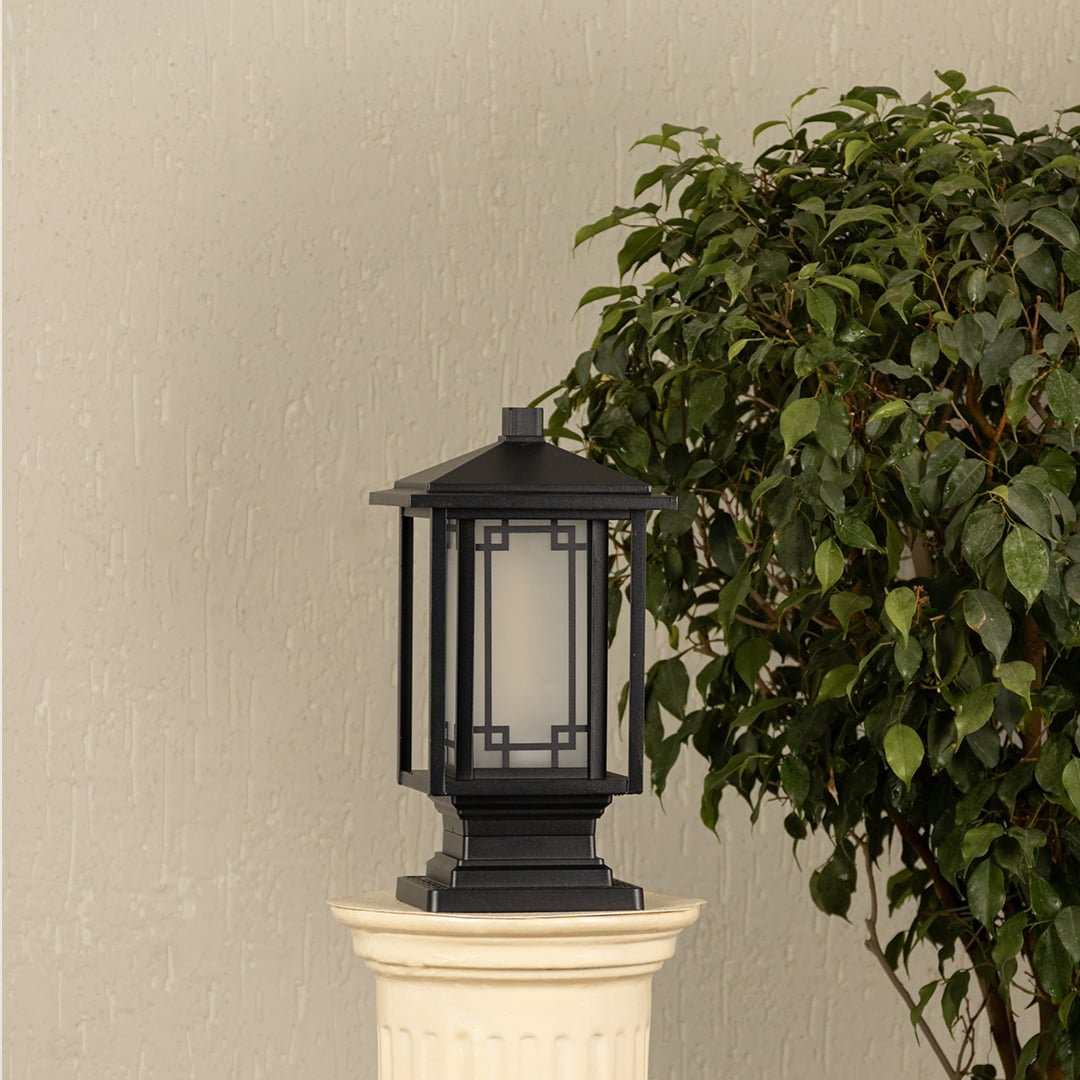 Black outdoor gate light styled beside green plants for elegant modern exterior decor ambiance.