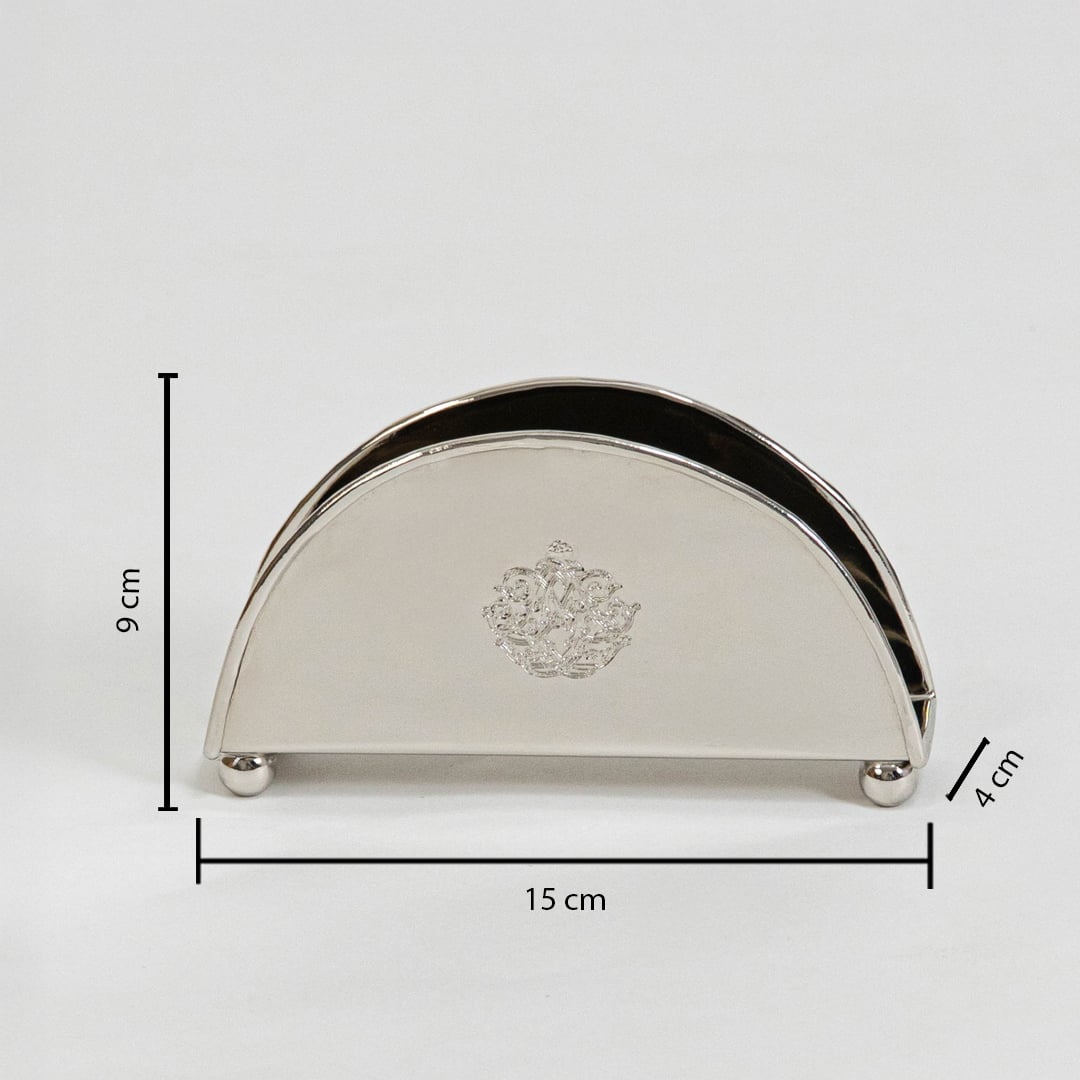 Brass napkin holder shown with labeled size 9 cm height 15.5 cm width and 4.5 cm depth on white background.