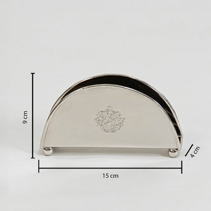 Brass napkin holder shown with labeled size 9 cm height 15.5 cm width and 4.5 cm depth on white background.