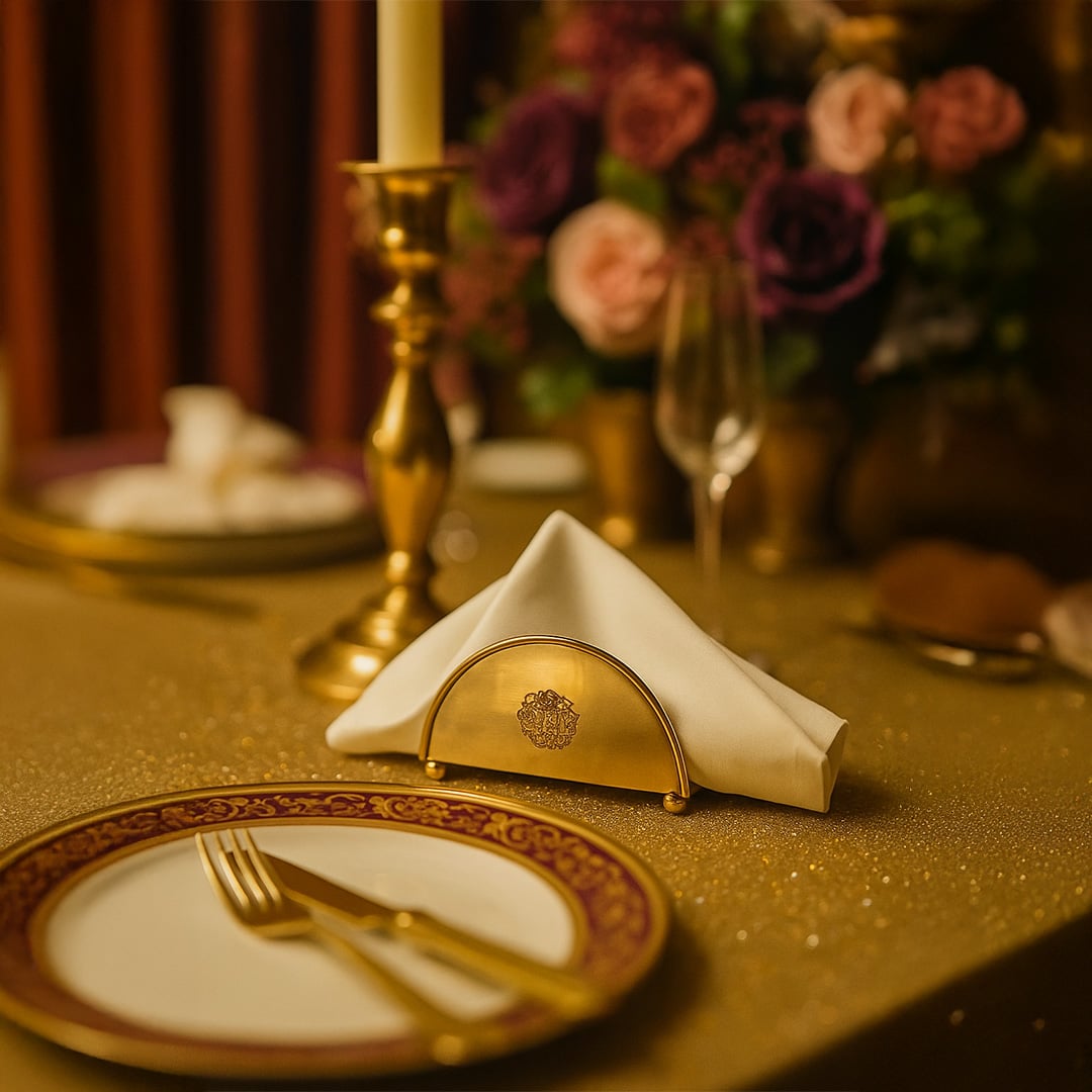 Elegant silver plated napkin holder on a formal dining table with green plates and brass candlesticks.