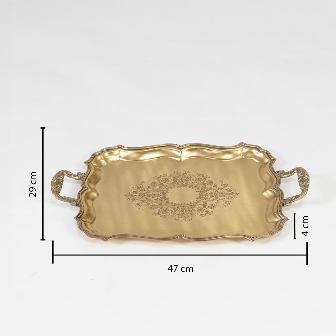 Antique brass floral tray with ornate handles shown on white backdrop with measurements 41x24x4 cm for scale reference.