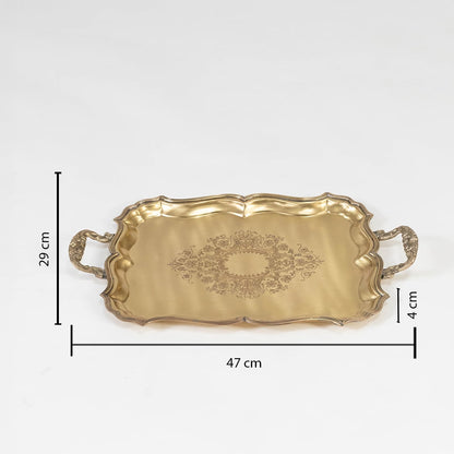 Antique brass floral tray with ornate handles shown on white backdrop with measurements 41x24x4 cm for scale reference.