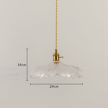 Clear feather glass and brass pendant light dimension image with 24 cm width and 14 cm height for dining room placement.