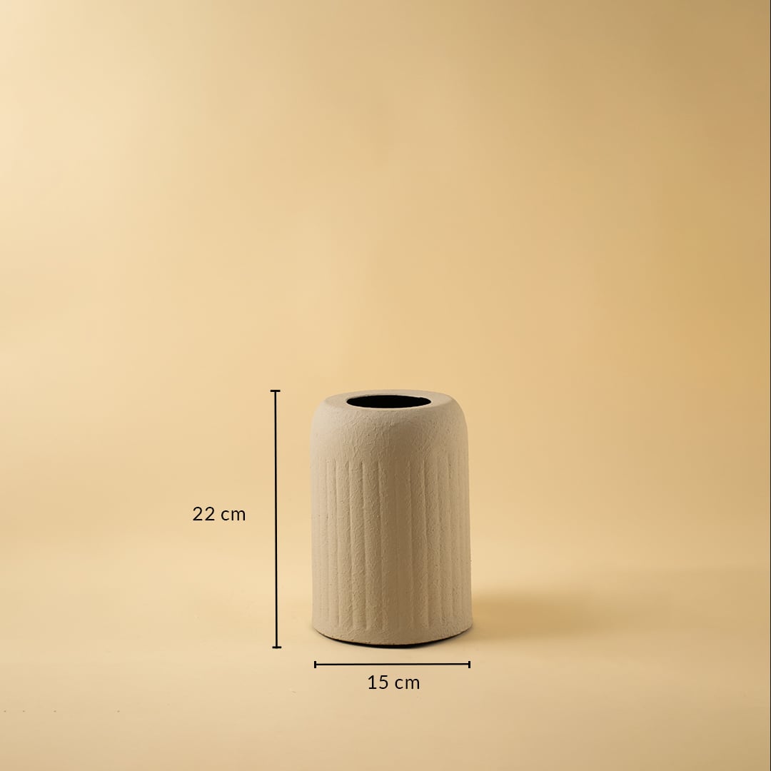 Dimension image of a matte beige ceramic cylinder vase featuring subtle vertical ribbed texture 22 cm height and 15 cm width.