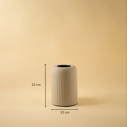 Dimension image of a matte beige ceramic cylinder vase featuring subtle vertical ribbed texture 22 cm height and 15 cm width.