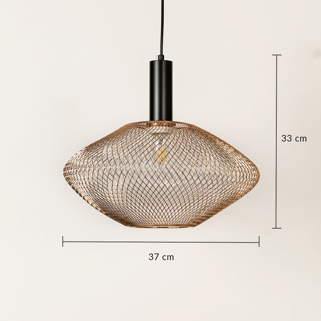 Gold metal mesh pendant light with 37 cm width for stylish ceiling placement.