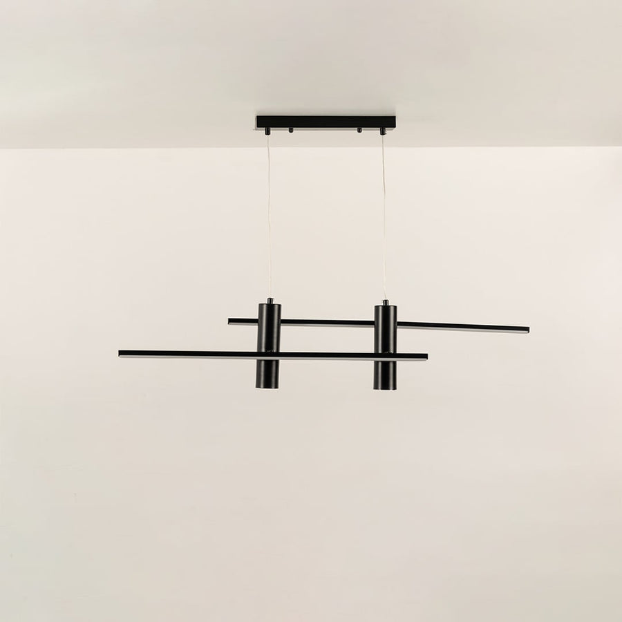 Minimal black linear LED chandelier with geometric bar layout offering clean modern ceiling lighting ideal for office interiors and elegant living room decor.