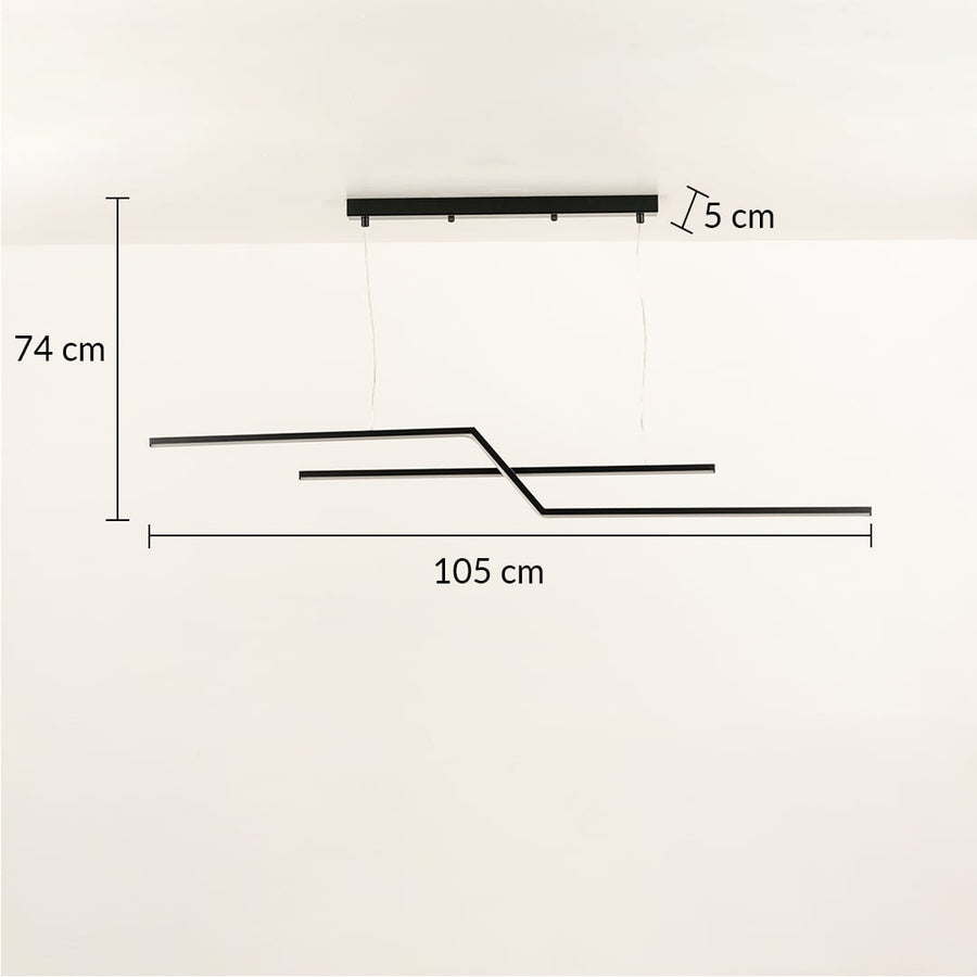 Black linear LED pendant chandelier shown with 102 cm width and 79 cm height offering structured modern lighting perfect for stylish living room interiors.