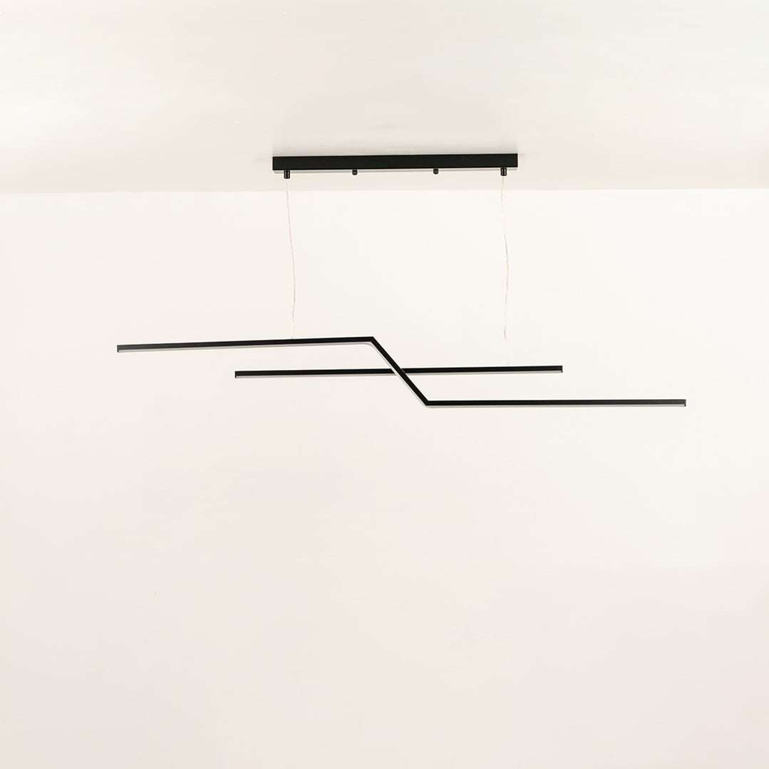 Black linear LED pendant light with angled bar design perfect for modern living rooms and office interiors offering a stylish contemporary lighting feature.
