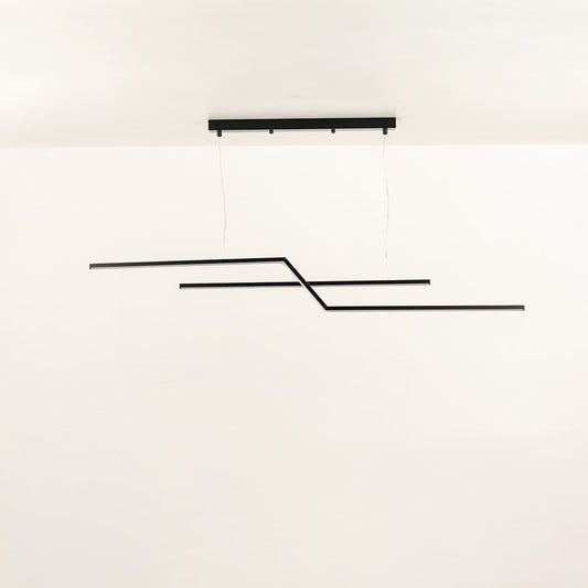 Black linear LED pendant light with angled bar design perfect for modern living rooms and office interiors offering a stylish contemporary lighting feature.