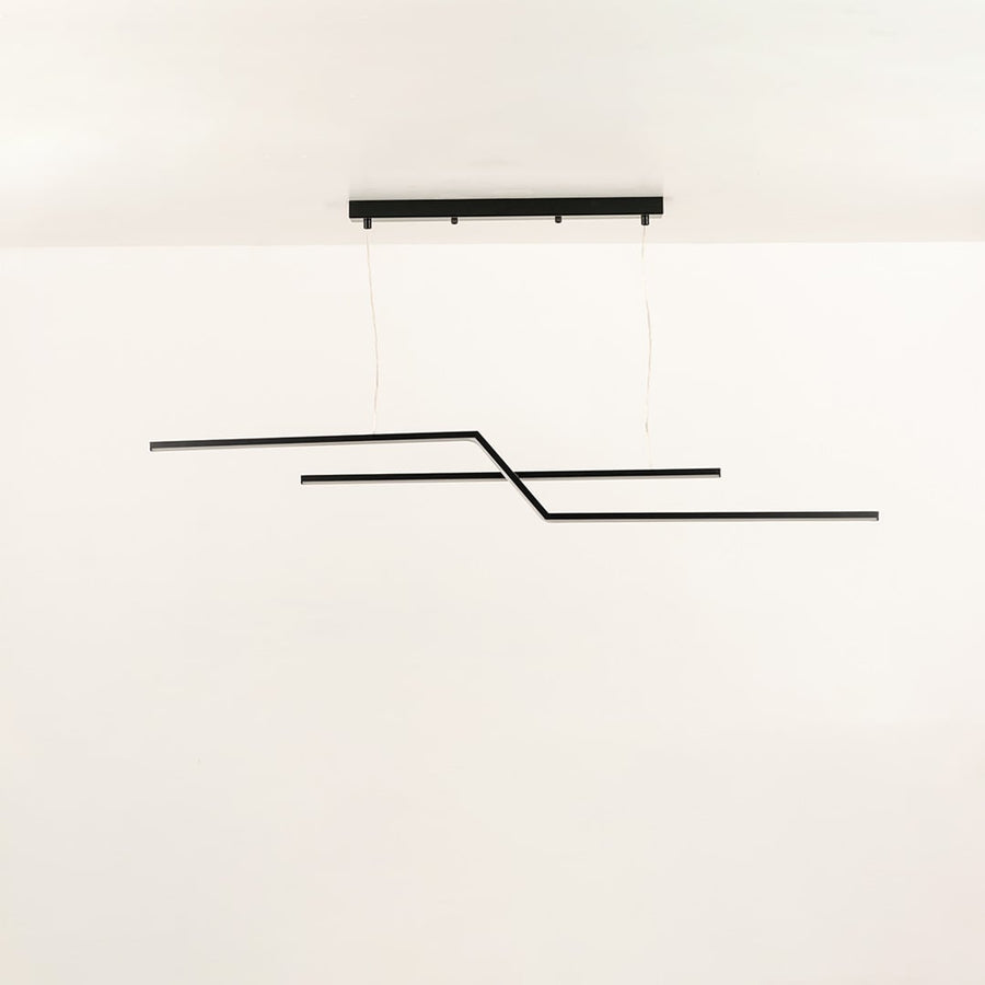 Black linear LED pendant light with angled bar design perfect for modern living rooms and office interiors offering a stylish contemporary lighting feature.