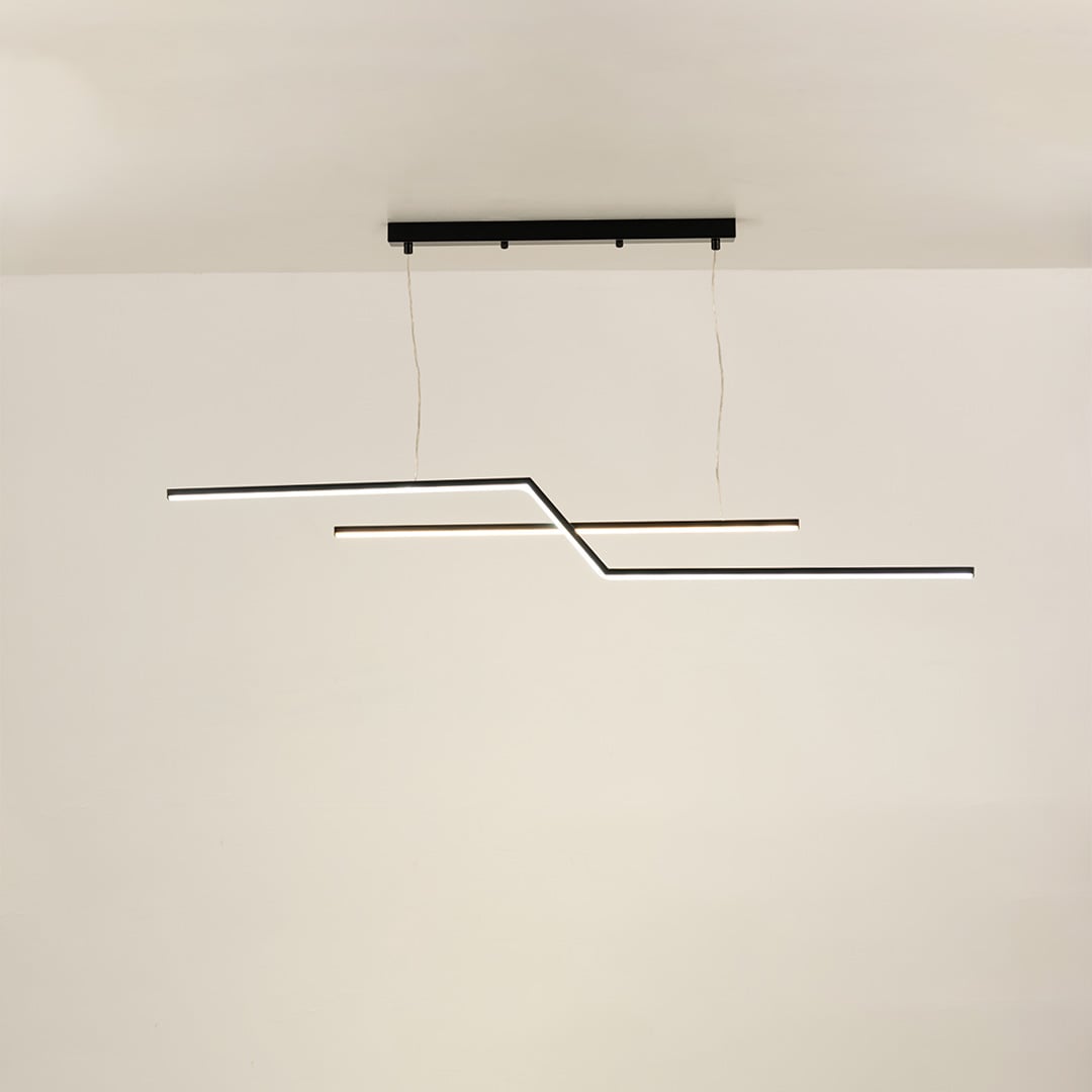 Black linear pendant light with sleek illuminated bars forming a structured geometric silhouette that enhances the room with a clean modern decorative lighting element.