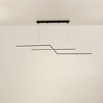Black linear pendant light with sleek illuminated bars forming a structured geometric silhouette that enhances the room with a clean modern decorative lighting element.