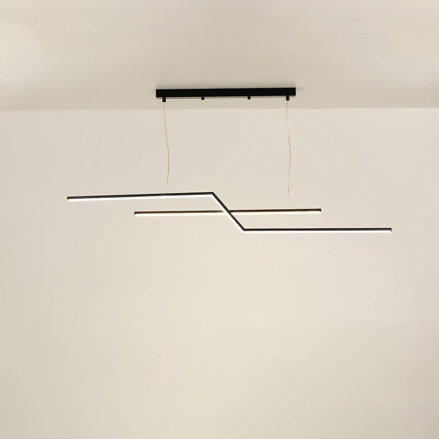 Black linear pendant light with sleek illuminated bars forming a structured geometric silhouette that enhances the room with a clean modern decorative lighting element.