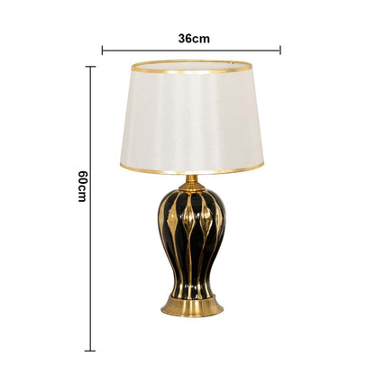 White pleated shade black and gold decorative table lamp with size 42cm width on white background for elegant classic décor.