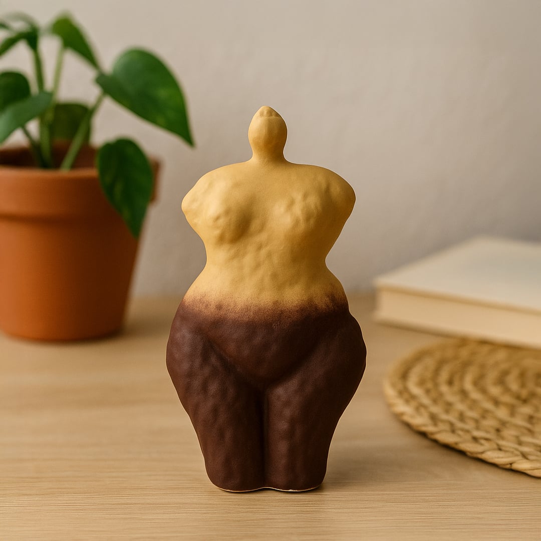 Handcrafted ceramic torso shaped vase in yellow and brown gradient adding unique artistic charm to modern interior styling.