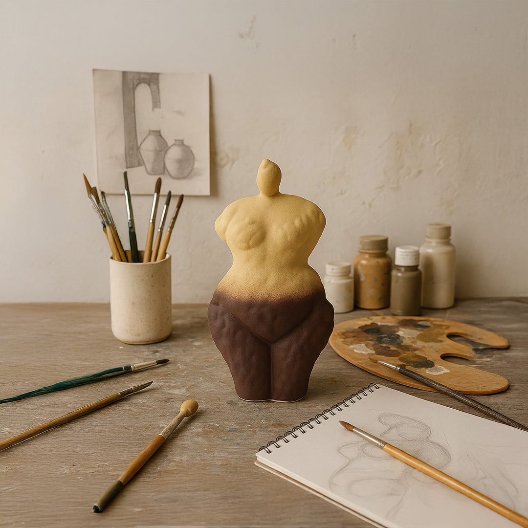 Artistic ceramic female torso sculpture vase in brown and yellow finish styled on wooden desk for creative home decor display.