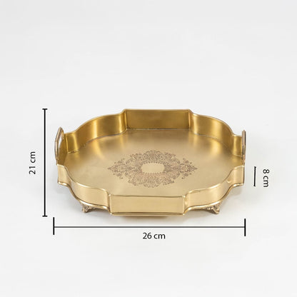 Brass tray in gold finish with floral pattern shown with size 25 cm diameter and 7 cm height on white background.