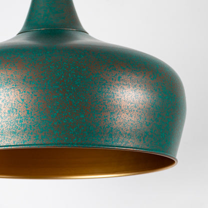 Closeup image of green textured metal pendant light with hammered finish for elegant ceiling placement.