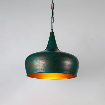 Green metal pendant light with warm golden interior finish for stylish modern ceiling lighting decor.